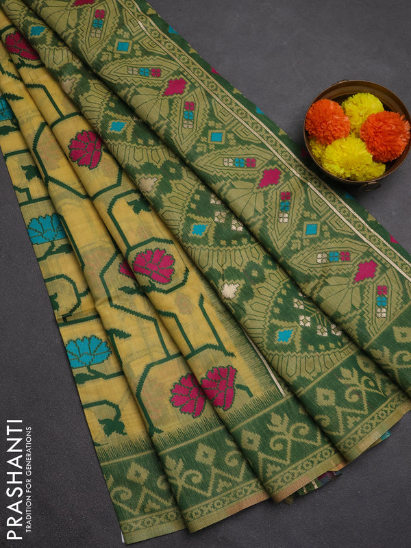 Jamdhani cotton saree pale yellow and green with allover thread weaves and jamdhani pallu