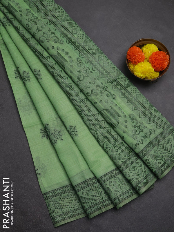Jamdhani cotton saree pista green and pink with thread woven buttas and jamdhani pallu
