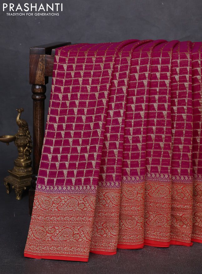 Banarasi georgette saree pink and red with allover thread & zari checks buttas and woven border