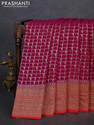 Banarasi georgette saree pink and red with allover thread & zari checks buttas and woven border