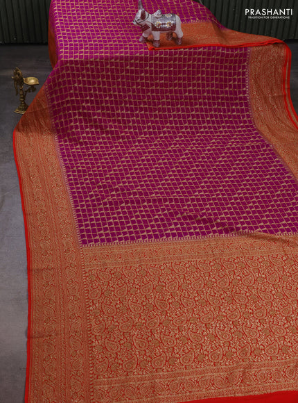 Banarasi georgette saree pink and red with allover thread & zari checks buttas and woven border