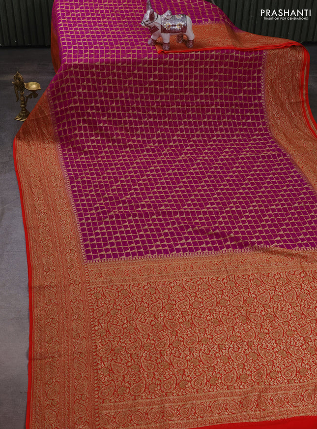 Banarasi georgette saree pink and red with allover thread & zari checks buttas and woven border