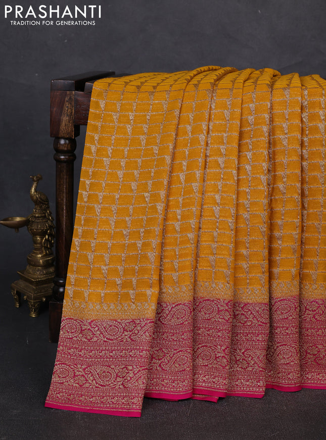 Banarasi georgette saree mustard yellow and pink with allover thread & zari checks buttas and woven border