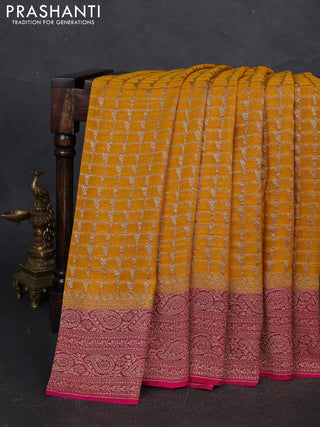 Banarasi georgette saree mustard yellow and pink with allover thread & zari checks buttas and woven border