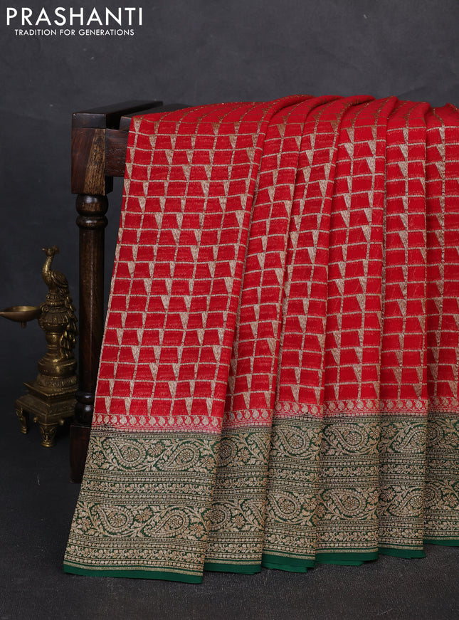 Banarasi georgette saree red and green with allover thread & zari checks buttas and woven border