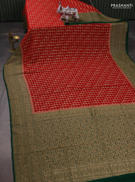 Banarasi georgette saree red and green with allover thread & zari checks buttas and woven border