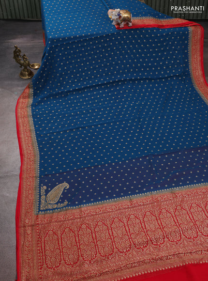 Banarasi georgette saree peacock blue and red with allover thread & zari woven buttas and woven border