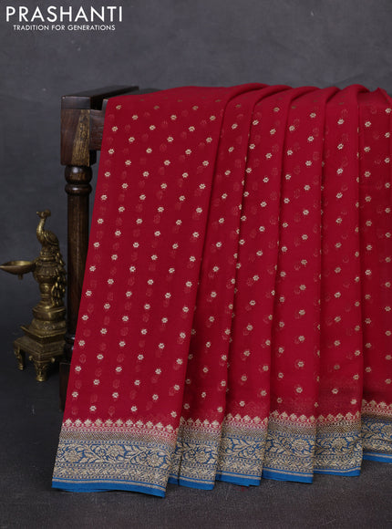 Banarasi georgette saree red and peacock blue with allover thread & zari woven buttas and woven border