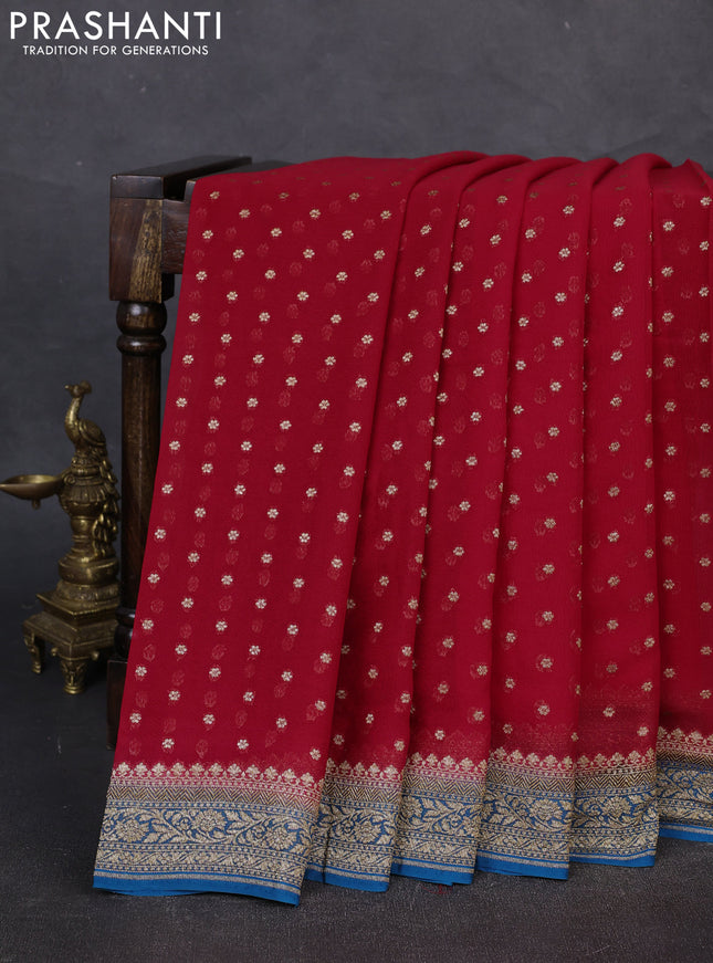 Banarasi georgette saree red and peacock blue with allover thread & zari woven buttas and woven border