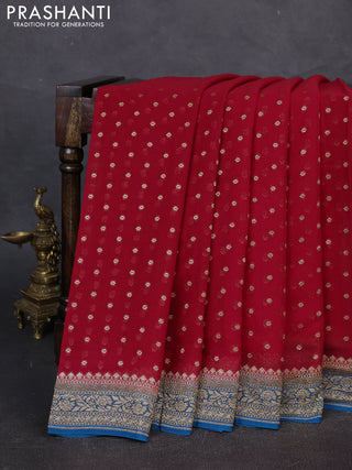 Banarasi georgette saree red and peacock blue with allover thread & zari woven buttas and woven border