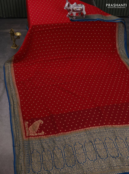 Banarasi georgette saree red and peacock blue with allover thread & zari woven buttas and woven border