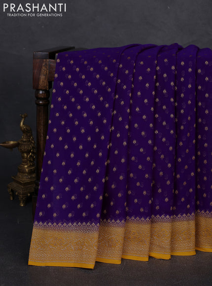 Banarasi georgette saree violet and mustard yellow with allover thread & zari woven buttas and woven border
