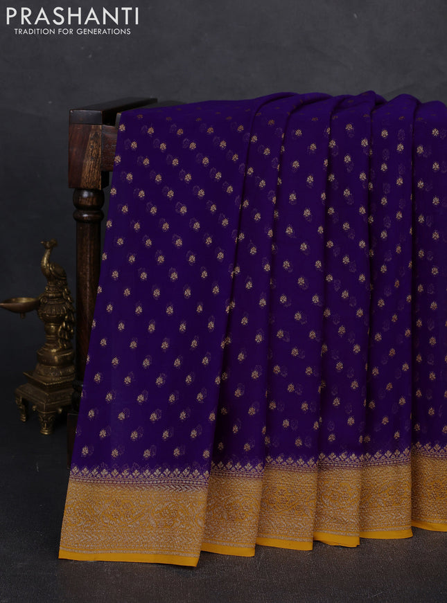 Banarasi georgette saree violet and mustard yellow with allover thread & zari woven buttas and woven border