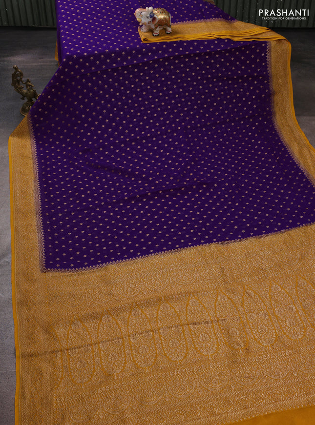 Banarasi georgette saree violet and mustard yellow with allover thread & zari woven buttas and woven border