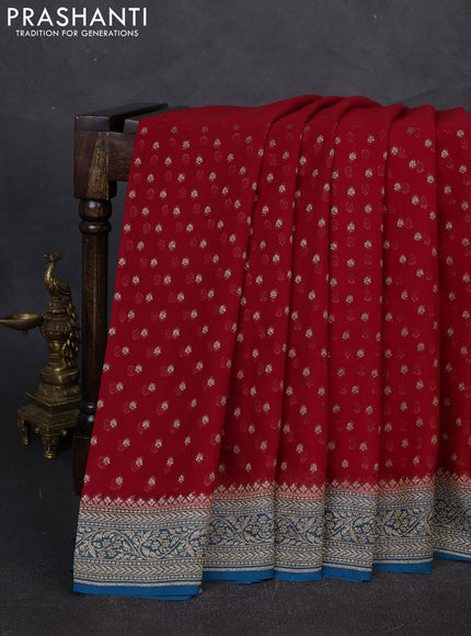 Banarasi georgette saree red and peacock blue with allover thread & zari woven buttas and woven border