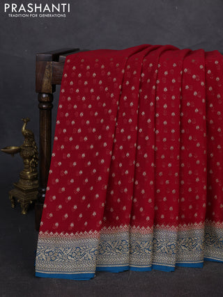 Banarasi georgette saree red and peacock blue with allover thread & zari woven buttas and woven border