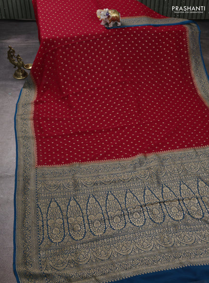 Banarasi georgette saree red and peacock blue with allover thread & zari woven buttas and woven border