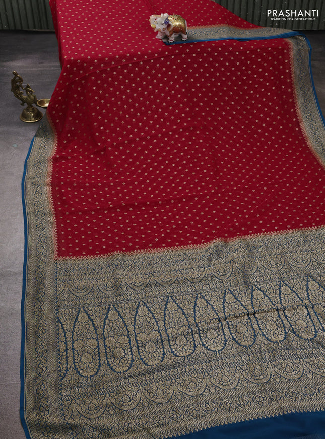 Banarasi georgette saree red and peacock blue with allover thread & zari woven buttas and woven border