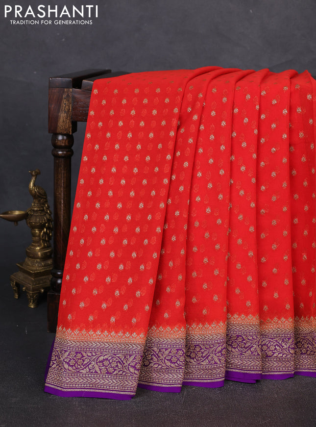 Banarasi georgette saree red and violet with allover thread & zari woven buttas and woven border