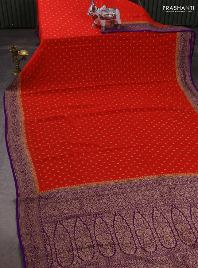 Banarasi georgette saree red and violet with allover thread & zari woven buttas and woven border