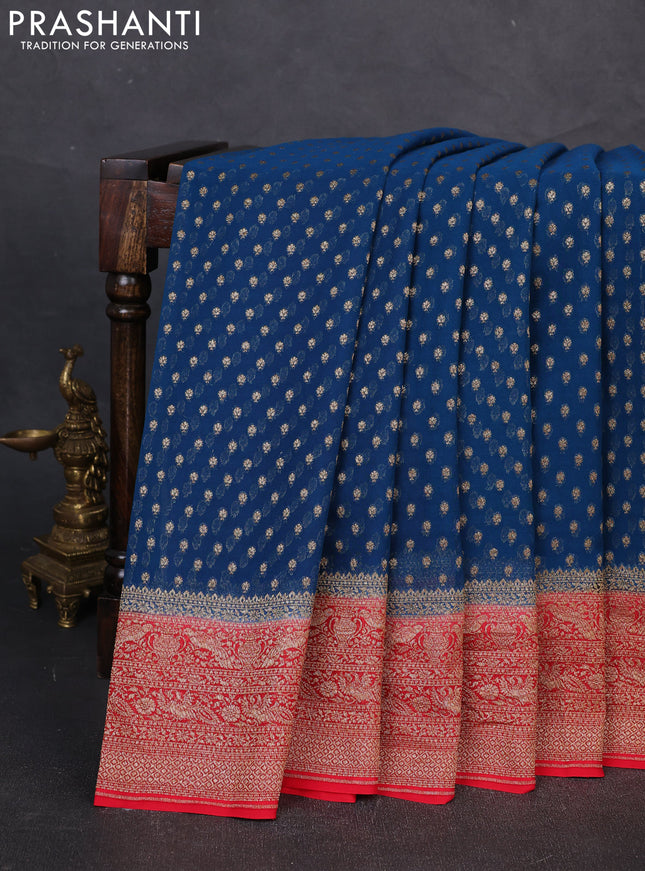 Banarasi georgette saree peacock blue and red with allover thread & zari woven buttas and woven border