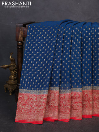 Banarasi georgette saree peacock blue and red with allover thread & zari woven buttas and woven border