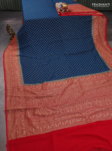Banarasi georgette saree peacock blue and red with allover thread & zari woven buttas and woven border