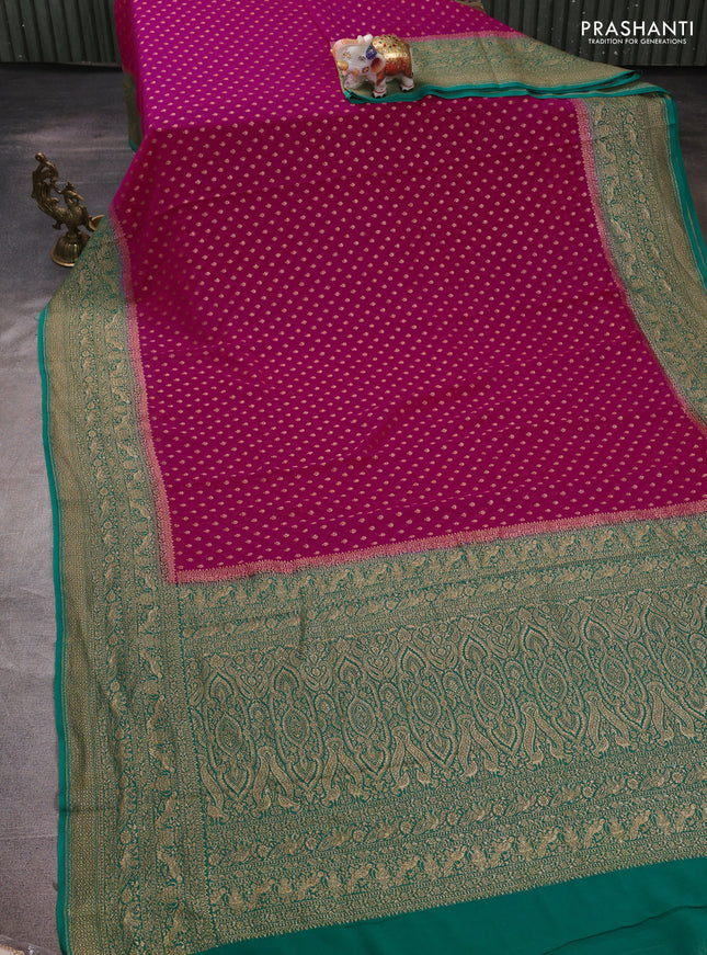 Banarasi georgette saree pink and teal green with allover thread & zari woven buttas and woven border