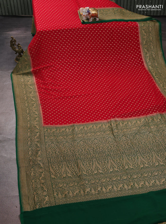 Banarasi georgette saree red and green with allover thread & zari woven buttas and woven border