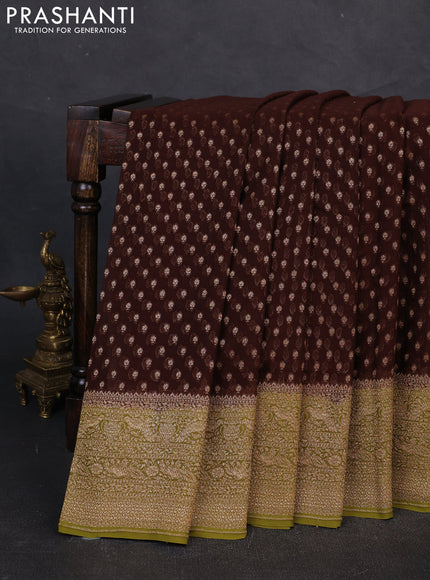 Banarasi georgette saree coffee brown and mehendi green with allover thread & zari woven buttas and woven border