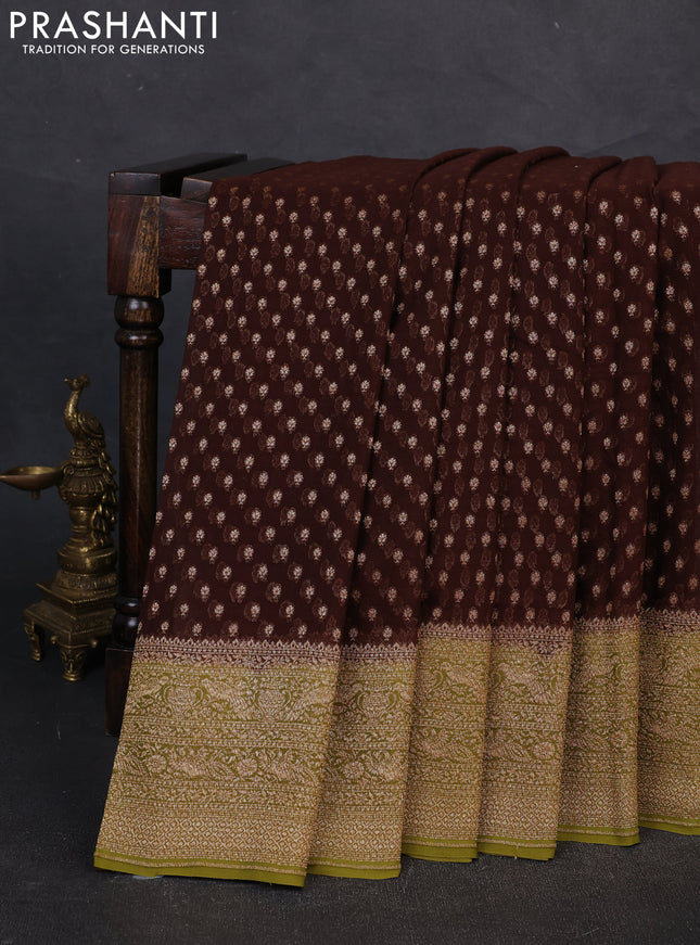Banarasi georgette saree coffee brown and mehendi green with allover thread & zari woven buttas and woven border