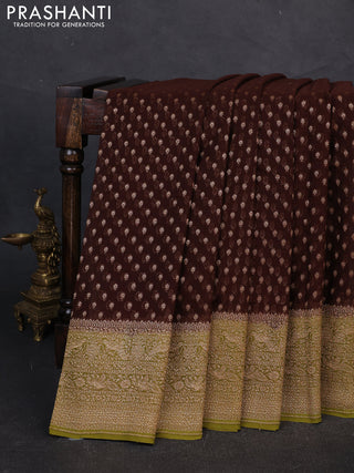 Banarasi georgette saree coffee brown and mehendi green with allover thread & zari woven buttas and woven border