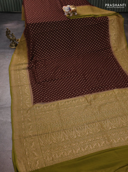 Banarasi georgette saree coffee brown and mehendi green with allover thread & zari woven buttas and woven border
