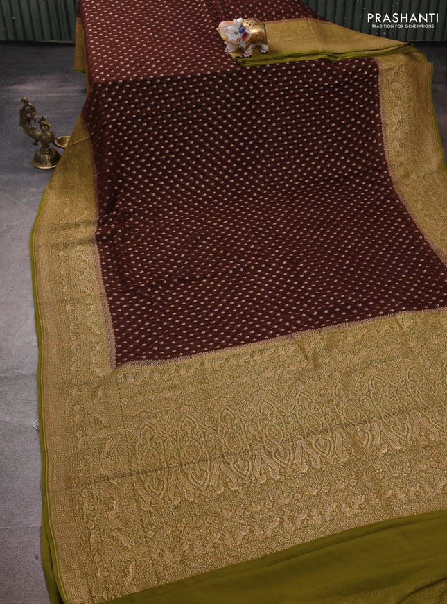 Banarasi georgette saree coffee brown and mehendi green with allover thread & zari woven buttas and woven border