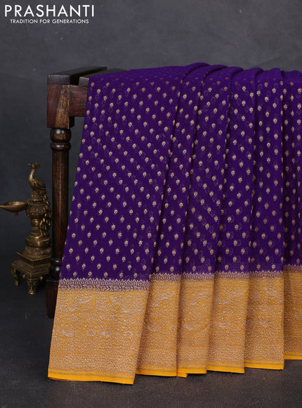 Banarasi georgette saree violet and mustard yellow with allover thread & zari woven buttas and woven border