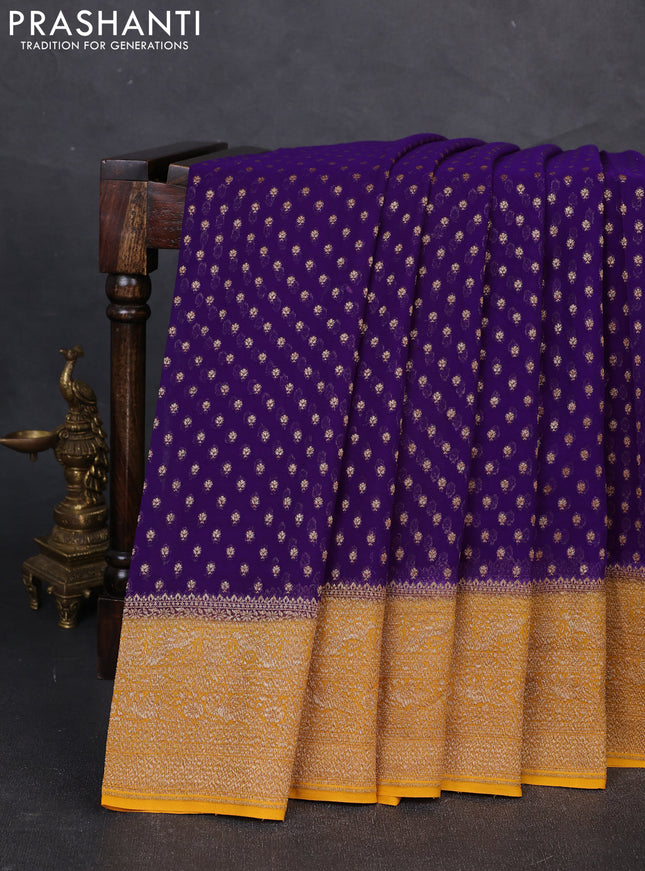 Banarasi georgette saree violet and mustard yellow with allover thread & zari woven buttas and woven border