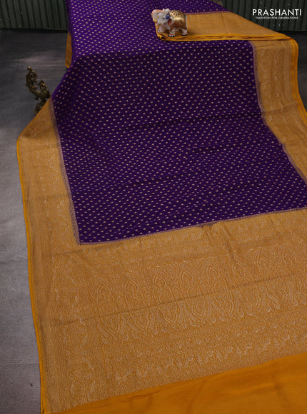 Banarasi georgette saree violet and mustard yellow with allover thread & zari woven buttas and woven border