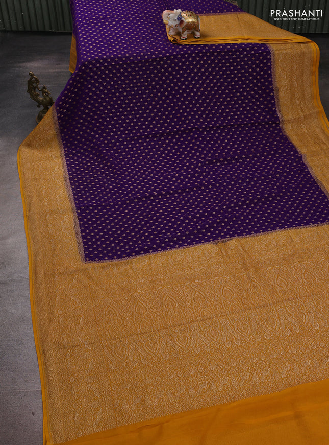 Banarasi georgette saree violet and mustard yellow with allover thread & zari woven buttas and woven border