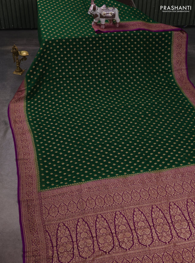 Banarasi georgette saree green and violet with allover thread & zari woven buttas and woven border