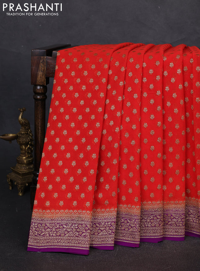 Banarasi georgette saree red and purple with allover thread & zari woven buttas and woven border