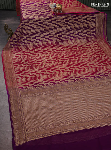 Banarasi georgette saree pink and violet with allover thread & zari geomatric weaves and woven border