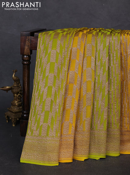 Banarasi georgette saree lime green and yellow with allover thread & zari geomatric weaves and woven border