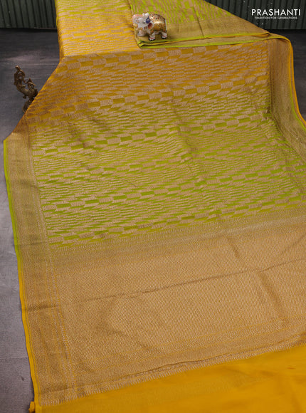Banarasi georgette saree lime green and yellow with allover thread & zari geomatric weaves and woven border