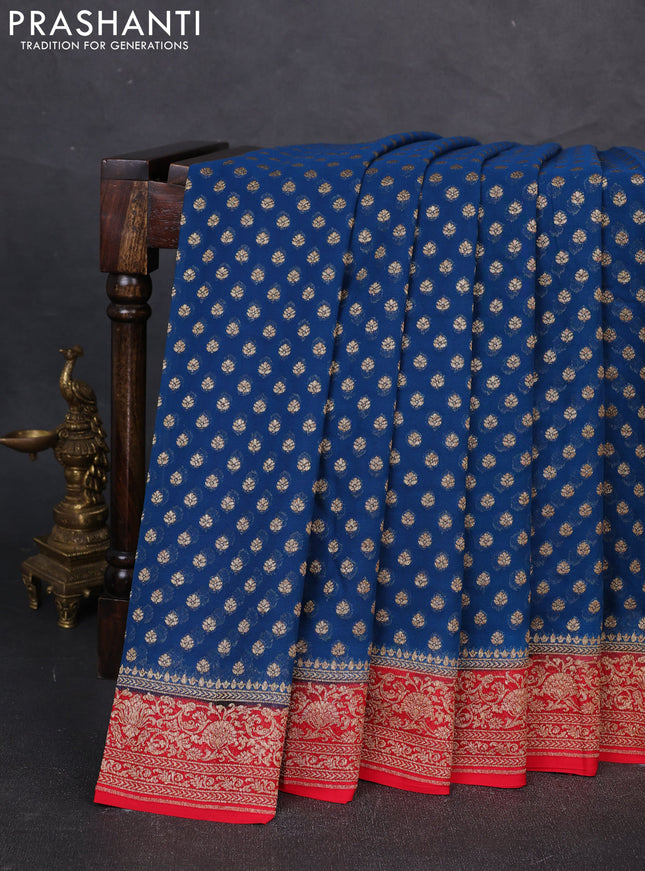 Banarasi georgette saree peacock blue and red with allover thread & zari woven buttas and woven border
