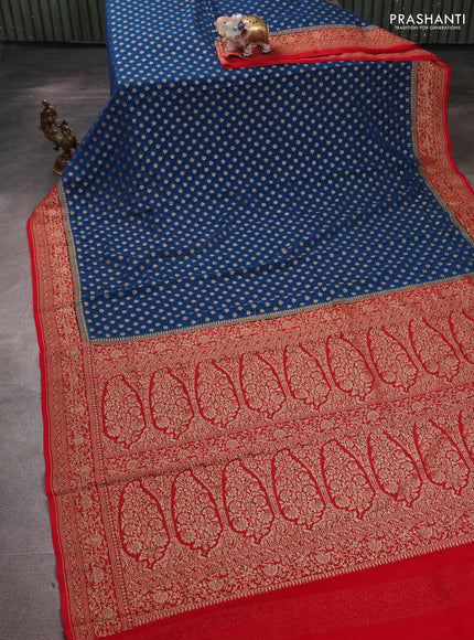 Banarasi georgette saree peacock blue and red with allover thread & zari woven buttas and woven border
