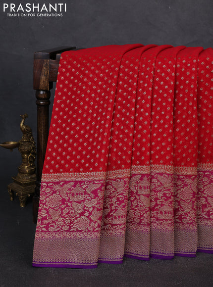 Banarasi georgette saree red and violet with allover thread & zari woven checks buttas and long woven border