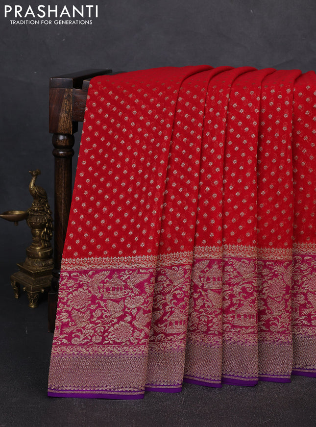 Banarasi georgette saree red and violet with allover thread & zari woven checks buttas and long woven border