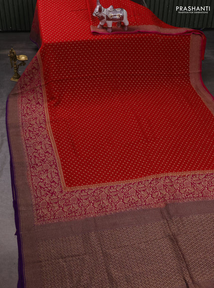 Banarasi georgette saree red and violet with allover thread & zari woven checks buttas and long woven border