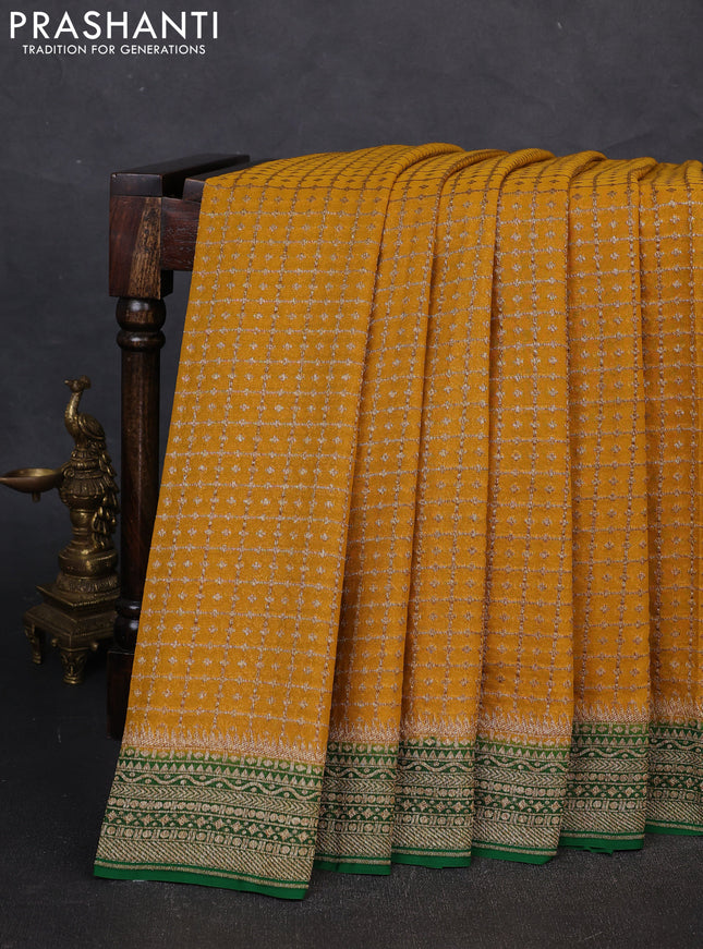 Banarasi georgette saree mustard yellow and green with allover thread & zari woven checks buttas and woven border