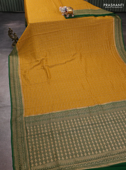 Banarasi georgette saree mustard yellow and green with allover thread & zari woven checks buttas and woven border
